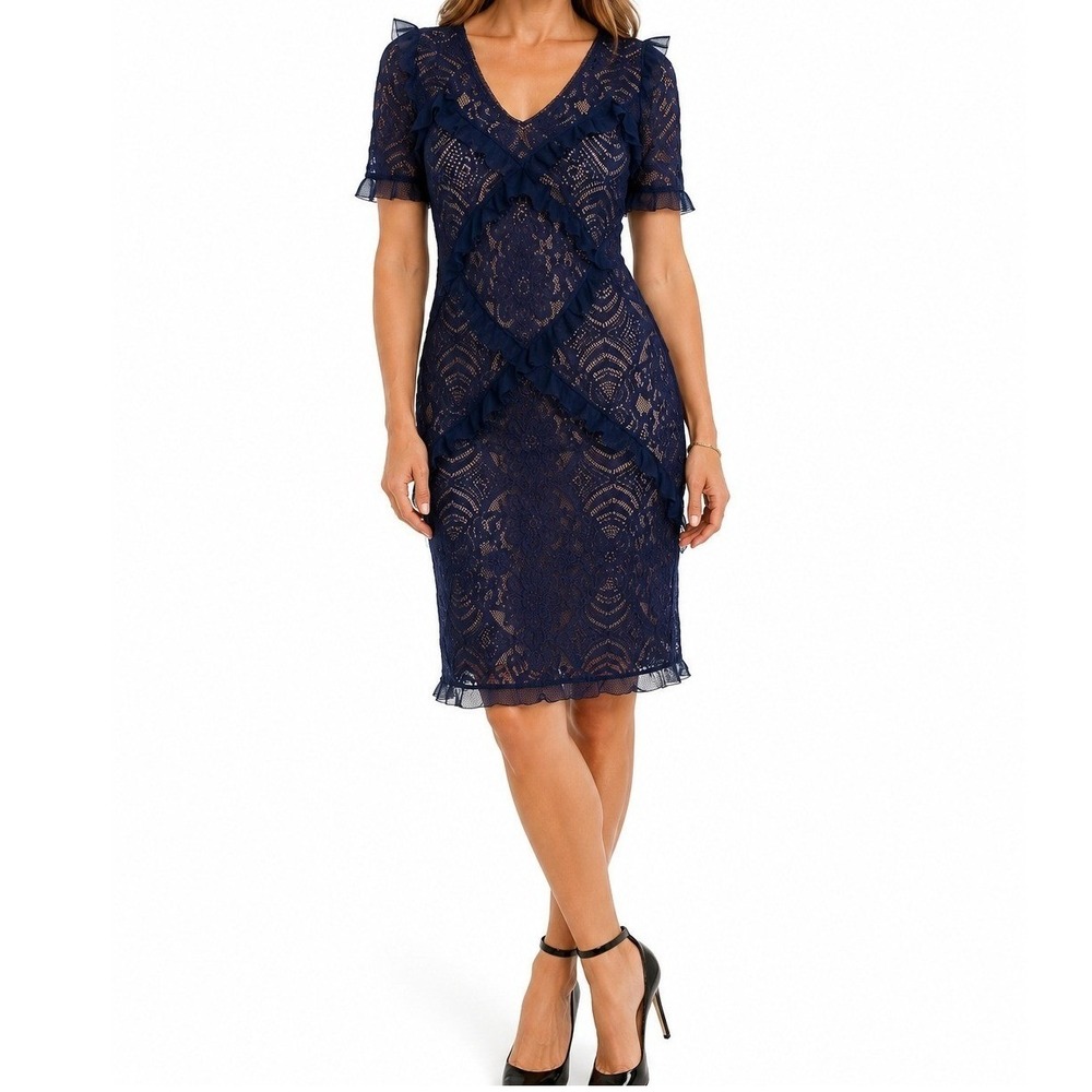 BCBGMAXAZRIA Dress Women M Navy Blue Lace Ruffle Sheath V-Neck Short Sleeve